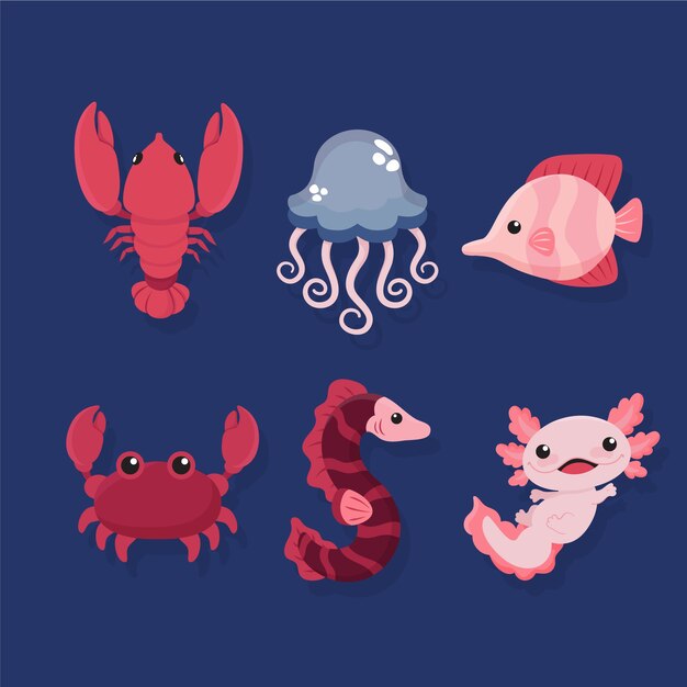 Colección de animales marinos de diseño plano dibujado a mano