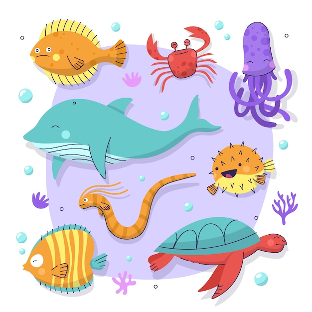 Vector gratuito colección de animales marinos de diseño plano dibujados a mano