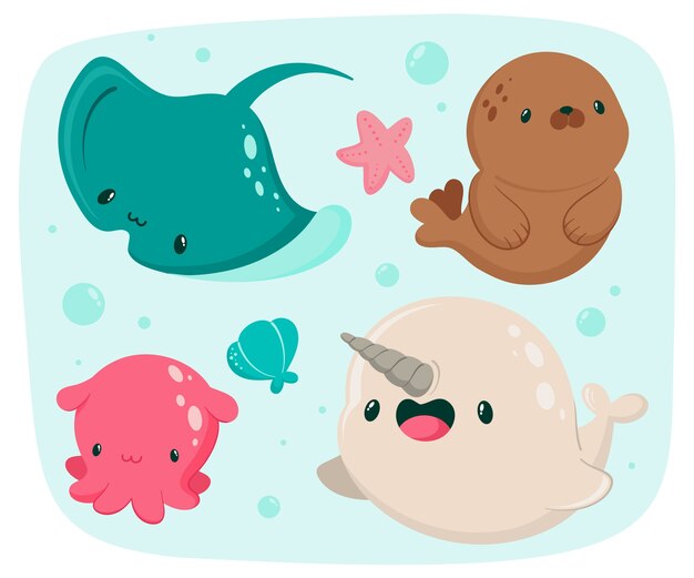 Colección de animales marinos de diseño plano dibujados a mano
