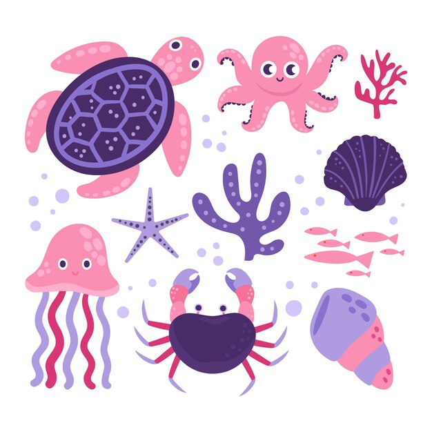 Colección de animales marinos de diseño plano dibujados a mano