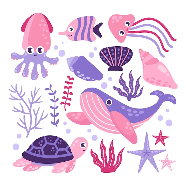 Colección de animales marinos de diseño plano dibujados a mano