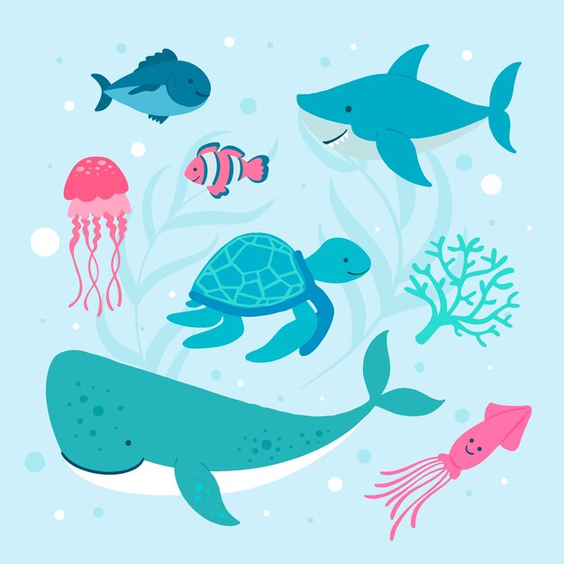 Colección de animales marinos de diseño plano dibujados a mano