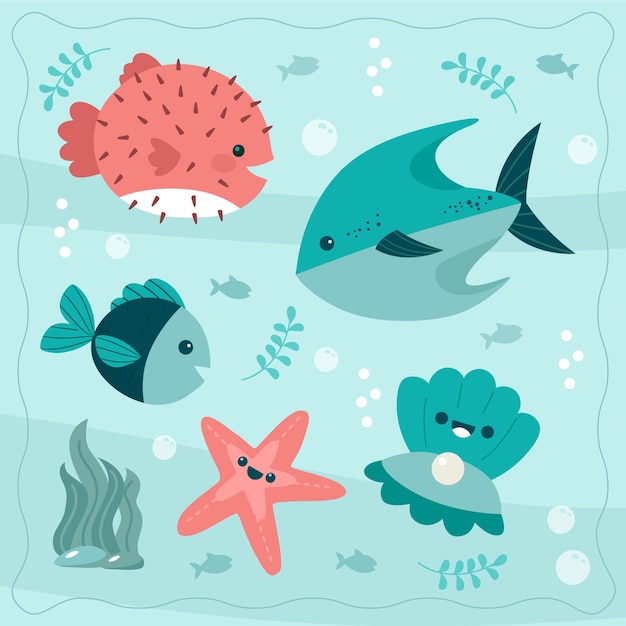 Vector gratuito colección de animales marinos de diseño plano dibujados a mano
