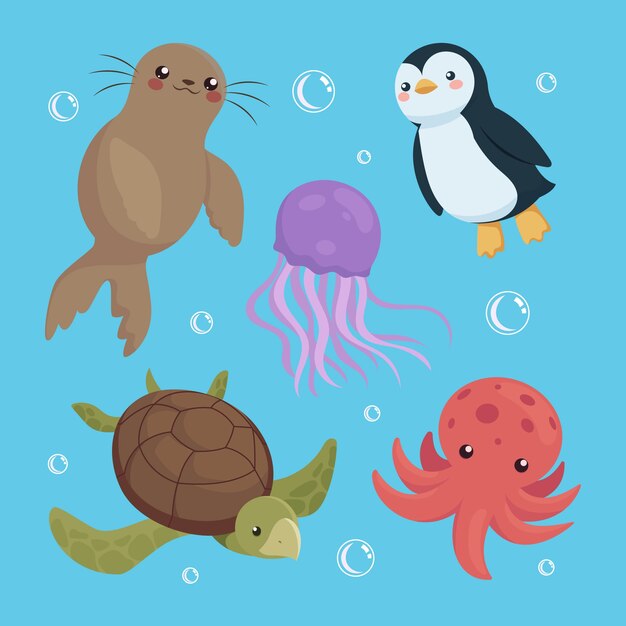 Colección de animales marinos de diseño plano dibujados a mano