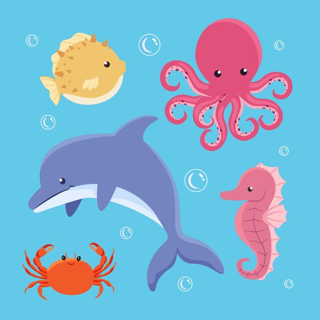 Colección de animales marinos de diseño plano dibujados a mano