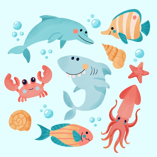 Colección de animales marinos de diseño plano dibujados a mano