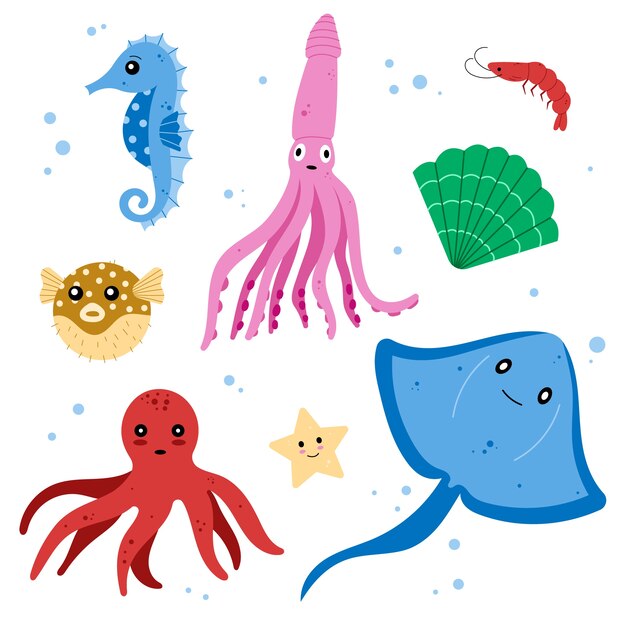 Colección de animales marinos de diseño plano dibujados a mano