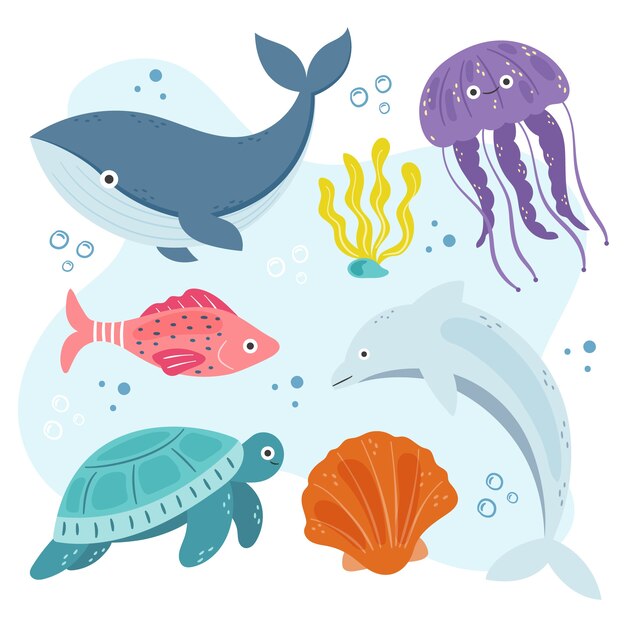 Colección de animales marinos de diseño plano dibujados a mano