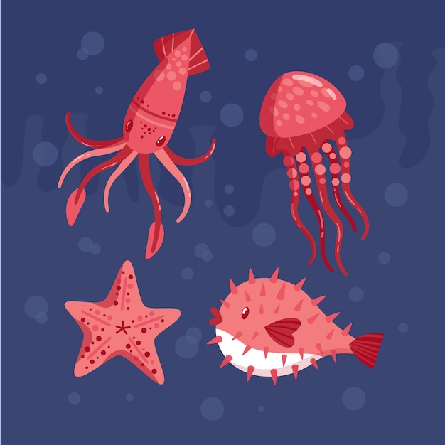 Colección de animales marinos de diseño plano dibujados a mano