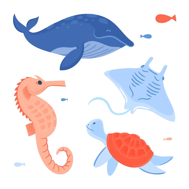 Colección de animales marinos de diseño plano dibujados a mano
