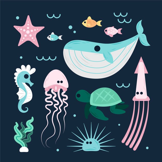 Colección de animales marinos de diseño plano dibujados a mano