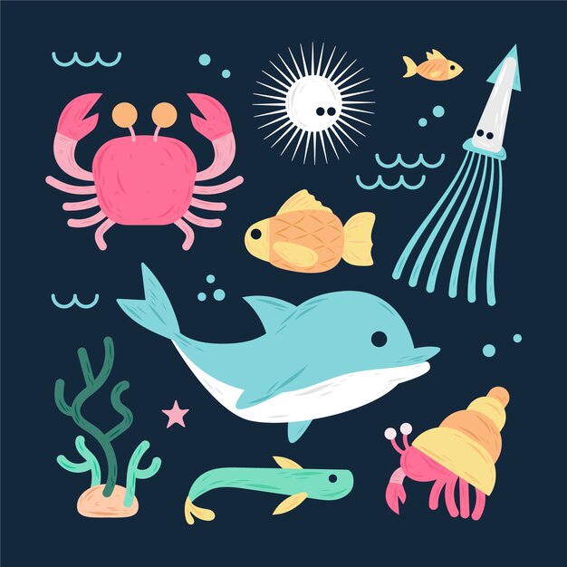 Colección de animales marinos de diseño plano dibujados a mano