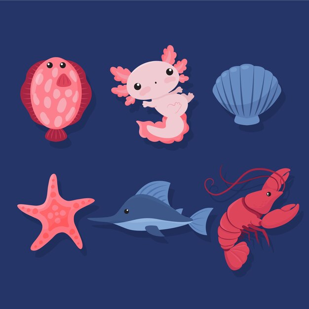 Colección de animales marinos de diseño plano dibujados a mano