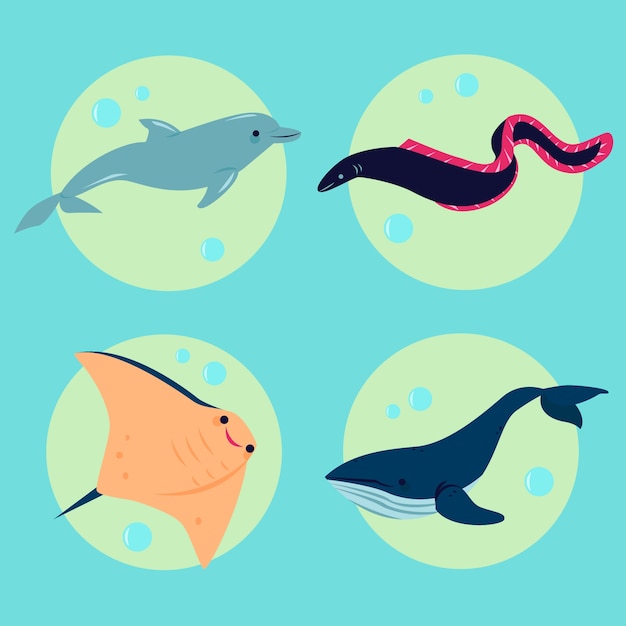 Colección de animales marinos de diseño plano dibujados a mano