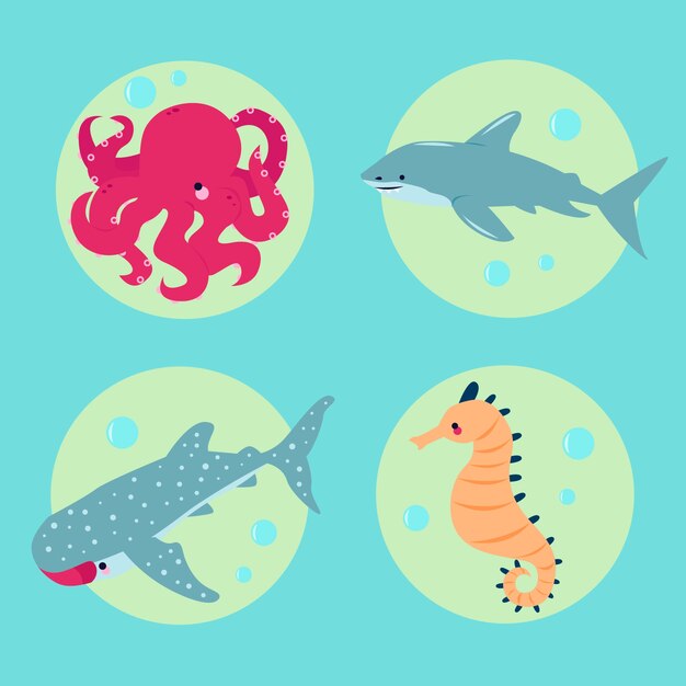 Colección de animales marinos de diseño plano dibujados a mano