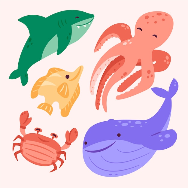 Colección de animales marinos de diseño plano dibujados a mano