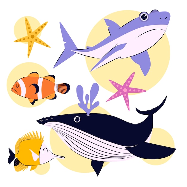 Colección de animales marinos de diseño plano dibujados a mano
