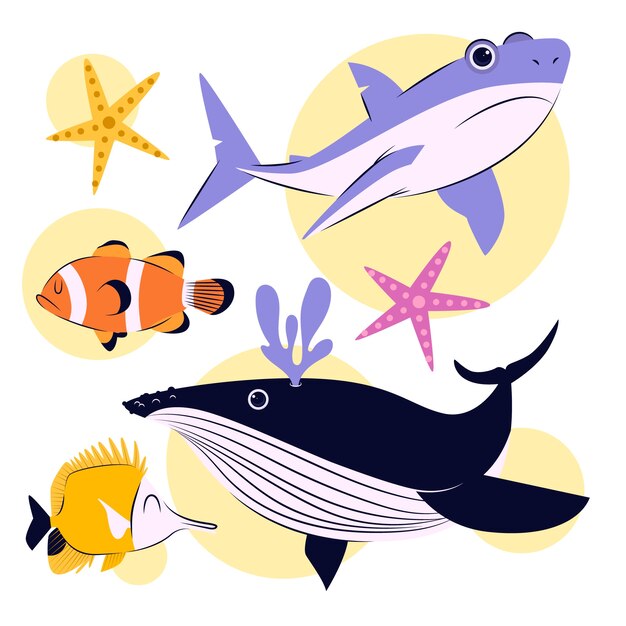 Colección de animales marinos de diseño plano dibujados a mano