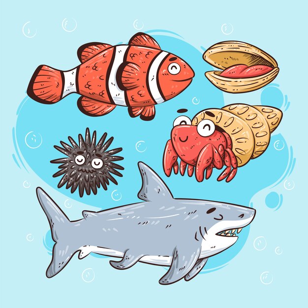 Colección de animales marinos de diseño plano dibujados a mano