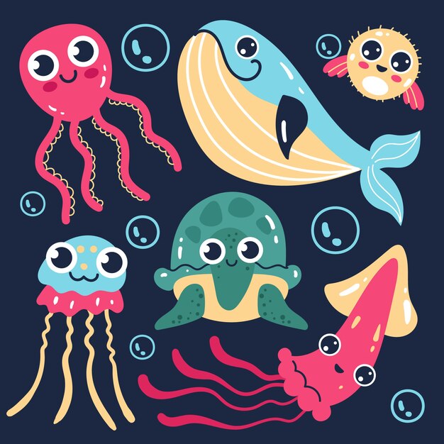 Colección de animales marinos en diseño plano