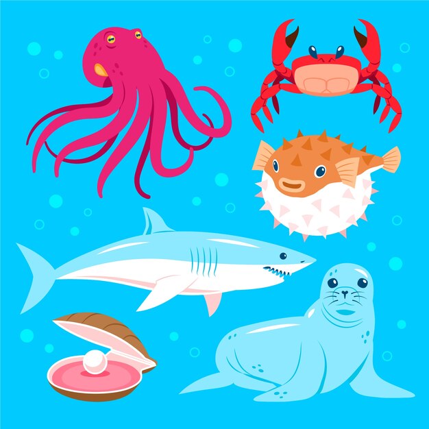 Colección de animales marinos planos