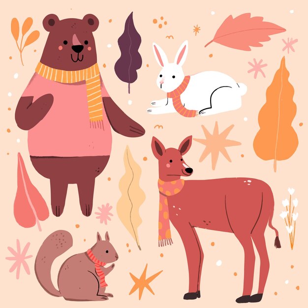 Colección animales otoñales dibujados a mano
