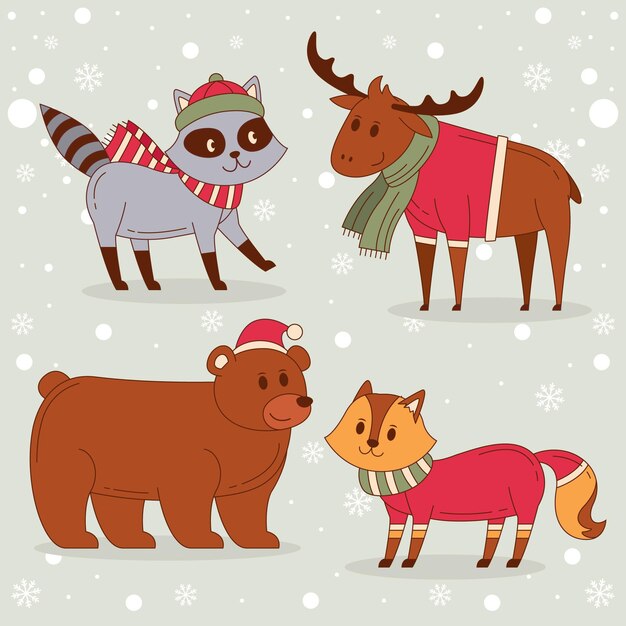 Colección de animales planos de invierno dibujados a mano