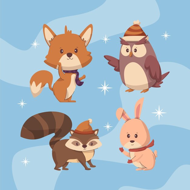 Colección de animales planos de invierno dibujados a mano