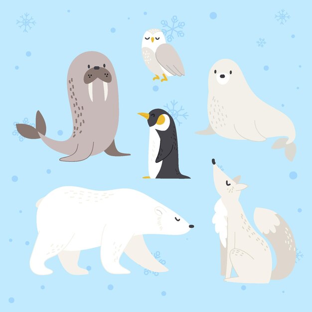 Colección de animales planos de invierno dibujados a mano
