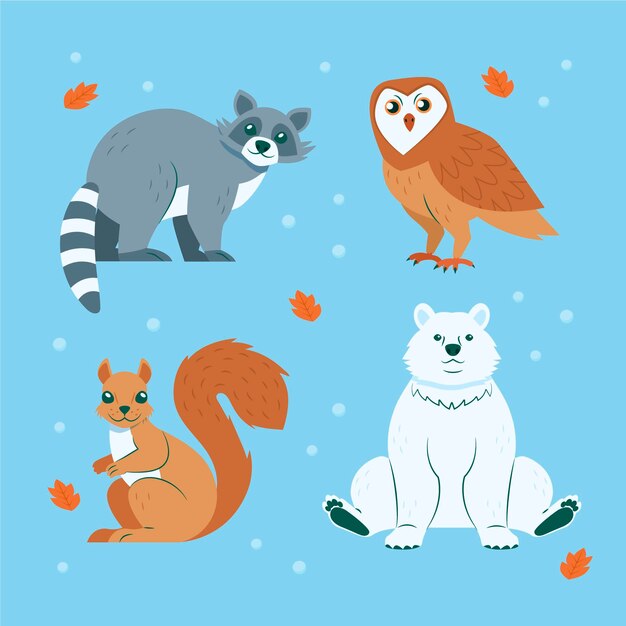 Colección de animales planos de invierno dibujados a mano
