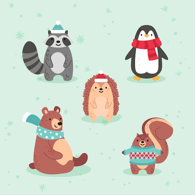 Colección de animales planos de invierno dibujados a mano