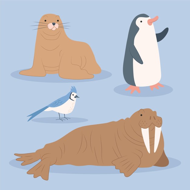 Colección de animales planos de invierno dibujados a mano