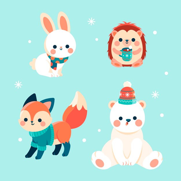 Colección de animales planos de invierno dibujados a mano