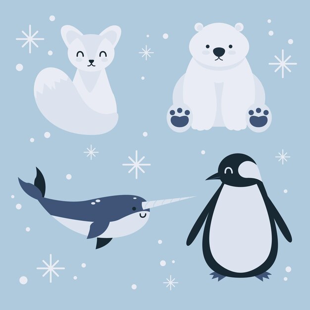 Colección de animales planos de invierno dibujados a mano