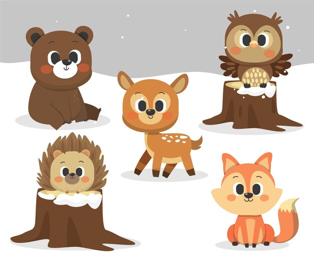 Colección de animales planos de invierno dibujados a mano