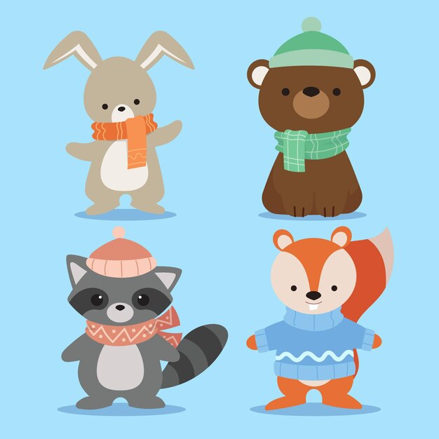 Colección de animales planos de invierno dibujados a mano