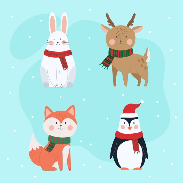 Colección de animales planos de invierno dibujados a mano