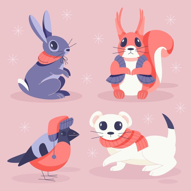 Colección de animales planos de invierno dibujados a mano