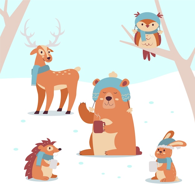 Colección de animales planos de invierno dibujados a mano