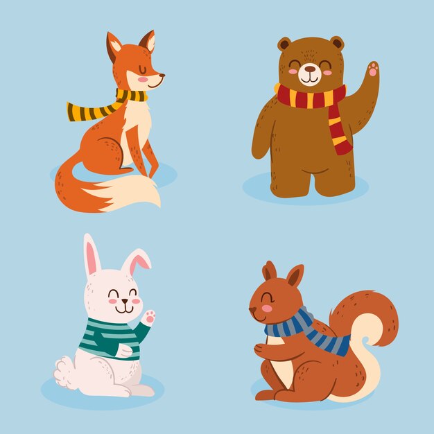 Colección de animales planos de invierno dibujados a mano