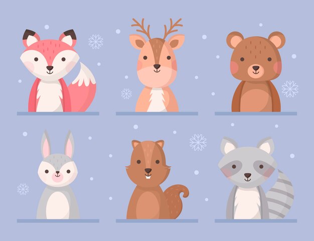 Colección animales planos de invierno