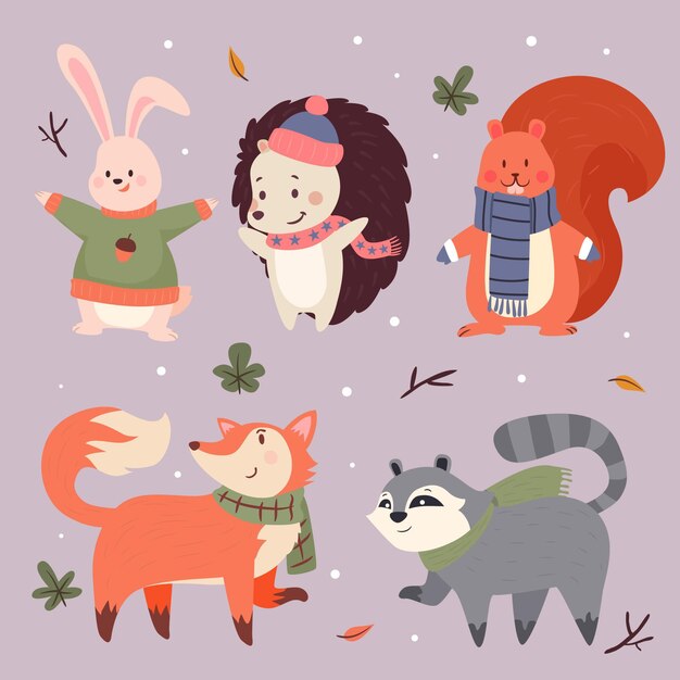 Colección animales planos de invierno