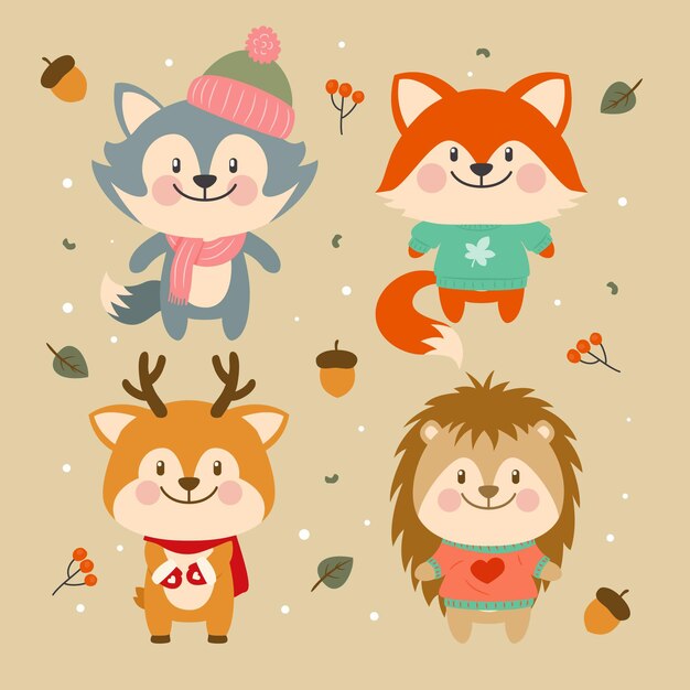 Colección animales planos de invierno