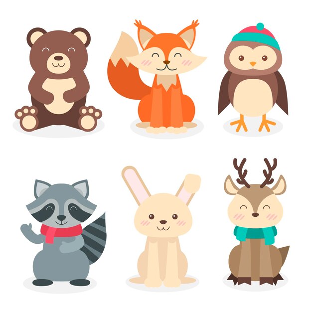 Colección animales planos de invierno