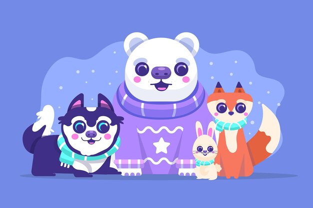 Colección animales planos de invierno
