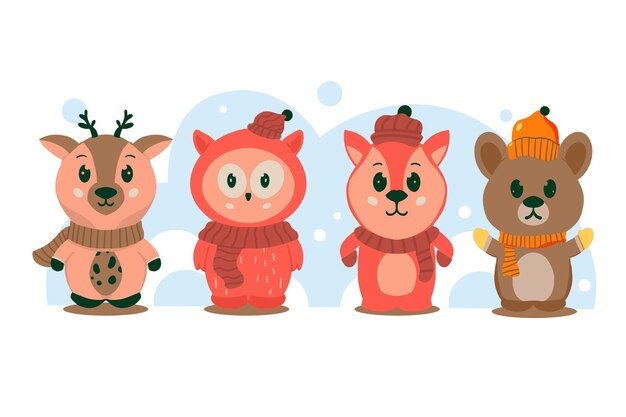 Colección animales planos de invierno