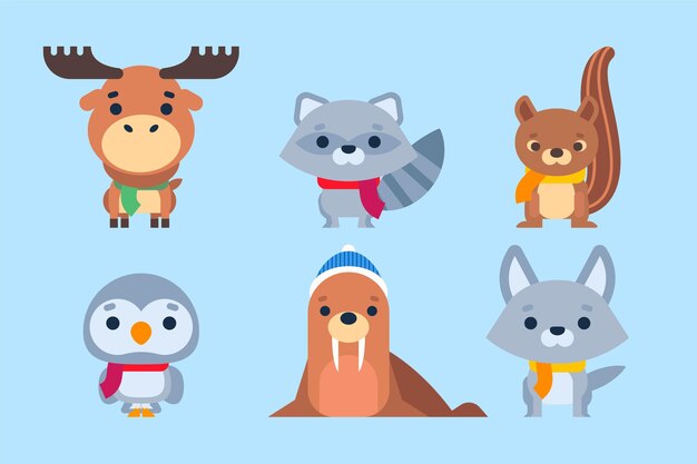 Colección animales planos de invierno