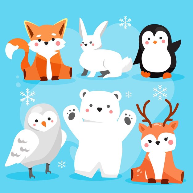Colección animales planos de invierno