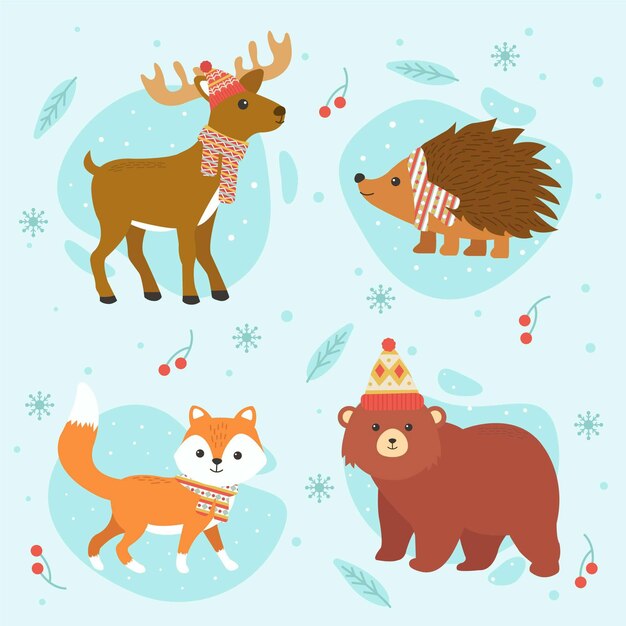 Colección animales planos de invierno