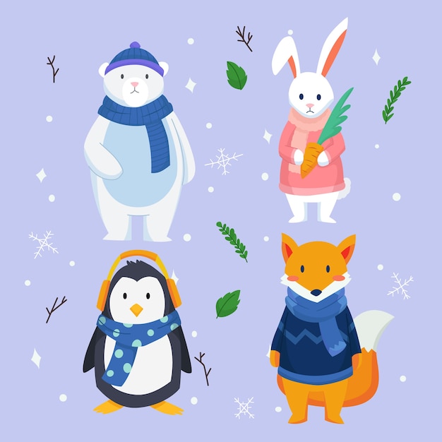 Colección animales planos de invierno